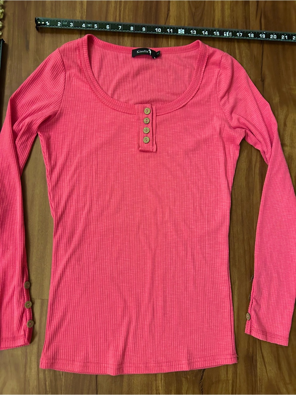 Pink Fitted Ribbed Long Sleeve Button details Henley knit - Picture 2 of 7